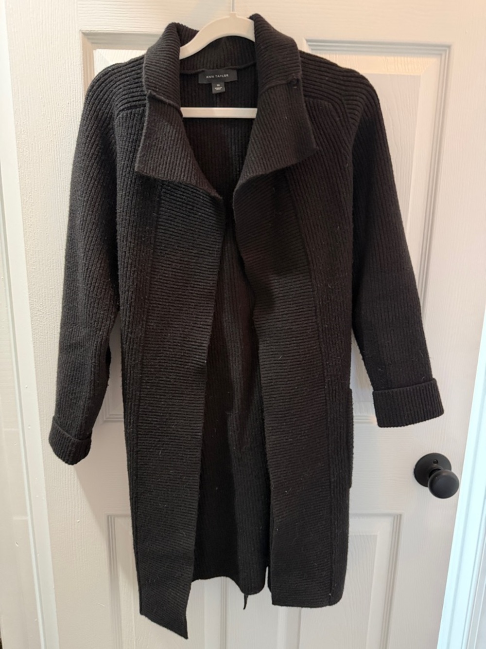 Ann Taylor Black Long Ribbed Knit Cardigan Coatigan